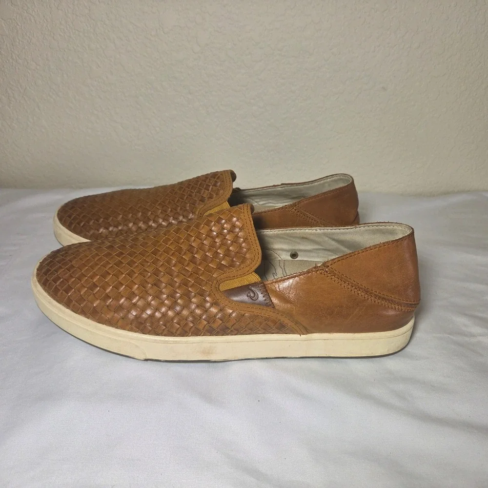 OluKai Kahu Lauhala Mens Fox Leather Woven Slip On Sneakers 10397-FX18 Size 11